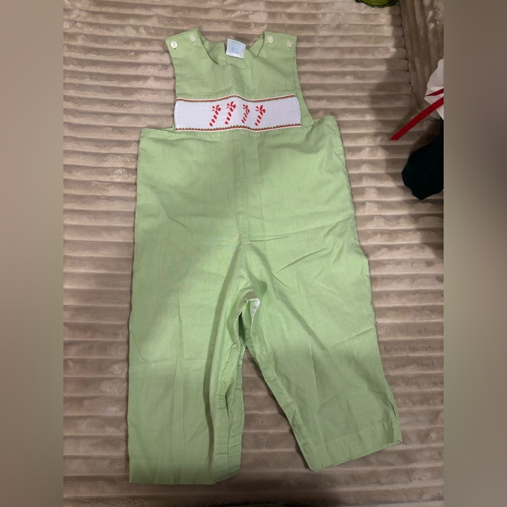 Vintage Velani Classics Green Gingham Kids Outfit - Candy Cane Embroidery